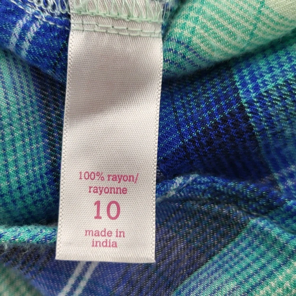 Justice Girls Blue‎ Teal Plaid Button Down Shirt Roll Tab Sleeve Size 10 Rayon